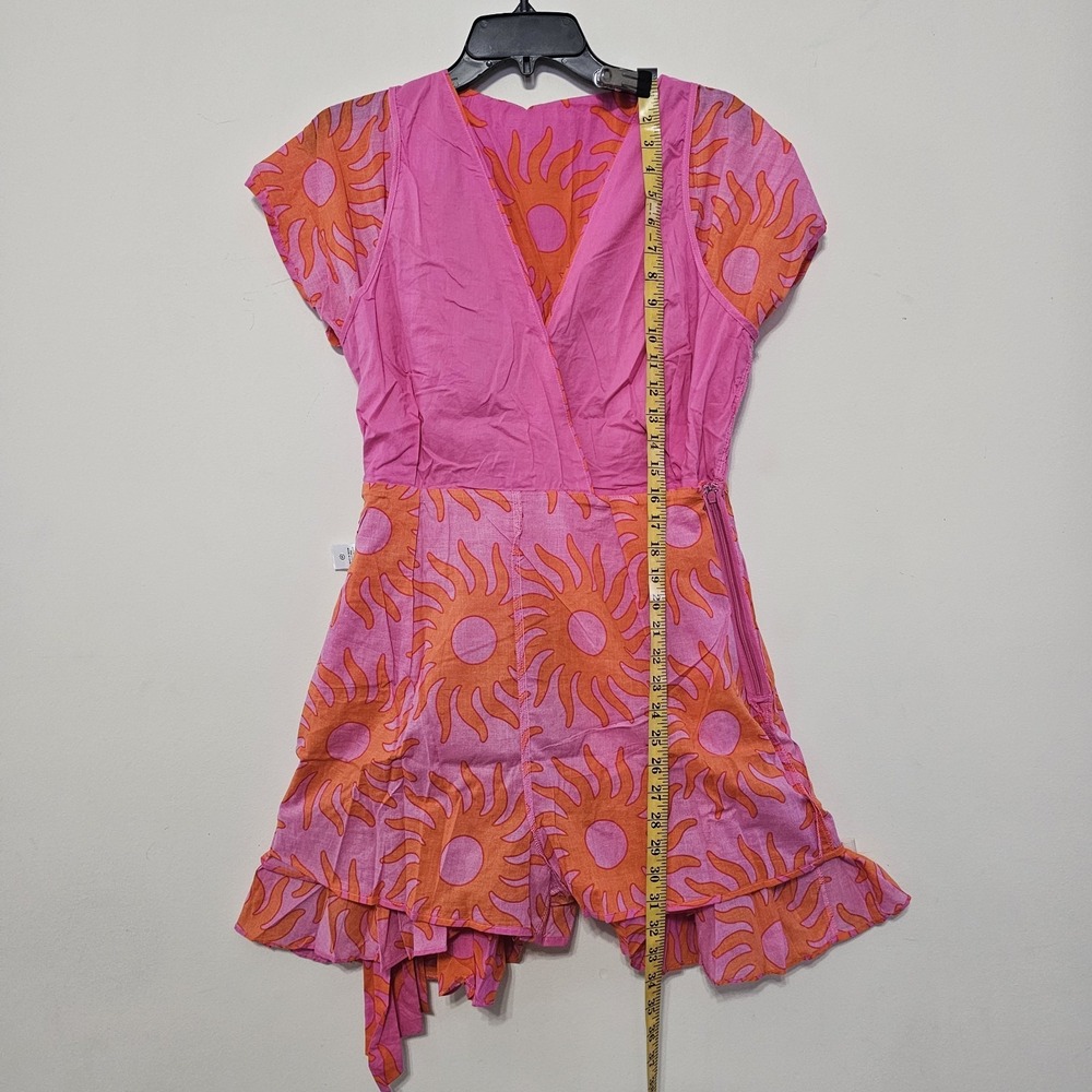 J Marie Women's Romper Medium Pink Orange Multicolor Belt Hem Wrap V-Neck 581 - Picture 14 of 16